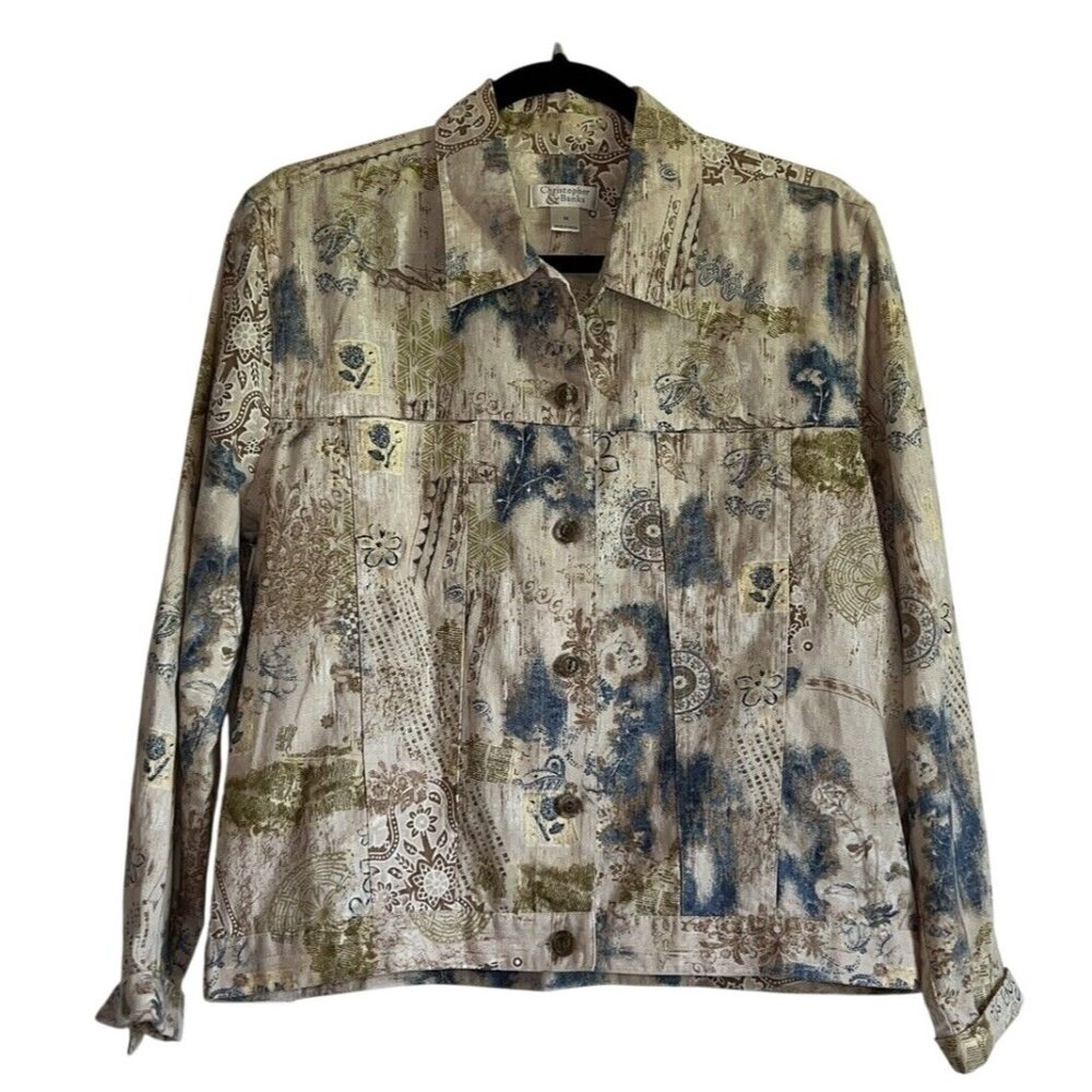 Christopher Banks Short Linen/Cotton Boho Jacket Womens Medium Multicolor Artsy